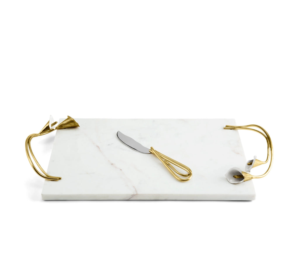 Michael Aram, Calla lily, Cheese board with a knife.